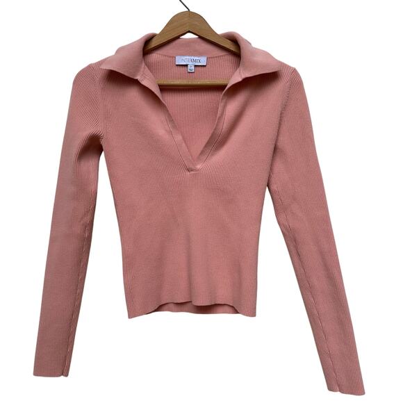 Intermix Pink Ribbed Knit Collared V-Neck Long Sleeve Top Size P (Small) - Picture 1 of 5